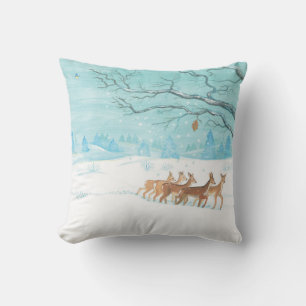 Roe Deer in the Winter Woodland Covered of Snow Throw Pillow