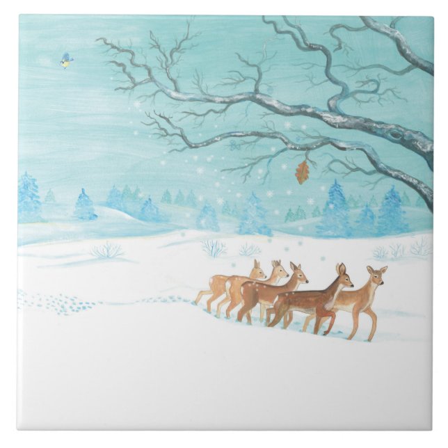 Roe Deer in Winter Ceramic Tile (Front)
