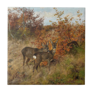 Roe Deer with Autumn Leaves Vintage Wildlife  Ceramic Tile