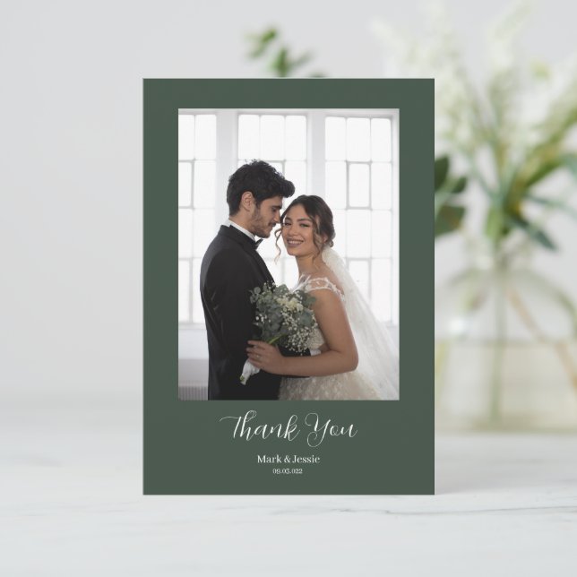 ROE Dusky Green & White Simple Photo Wedding Thank You Card (Standing Front)