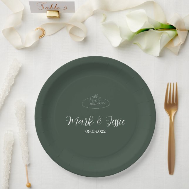 ROE Dusky Green & White Simple Wedding Paper Plates (Wedding)