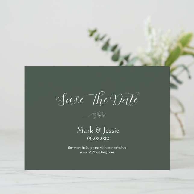 ROE Dusky Green & White Simple Wedding Save The Date (Standing Front)