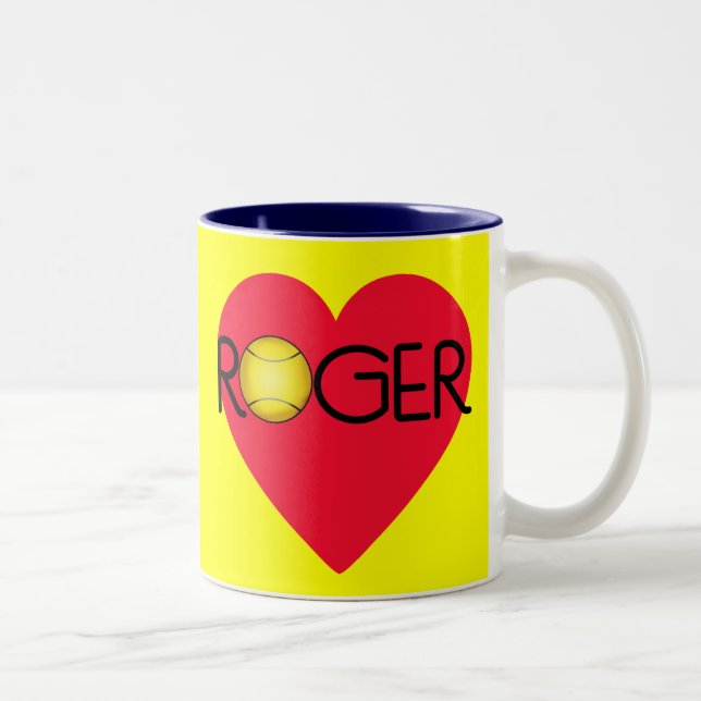 ROGER with Heart and Tennis Ball Two-Tone Coffee Mug (Right)