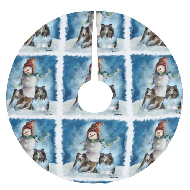 Rogh Collie with Snowman Christmas Brushed Polyester Tree Skirt (Front)