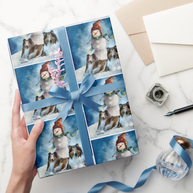 Rogh Collie with Snowman Christmas Wrapping Paper (Gifting)