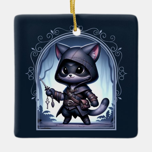 Rogue Feline Fantasy Adventure Ceramic Ornament (Front)
