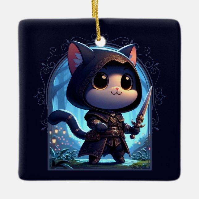 Rogue Feline Fantasy Adventure Ceramic Ornament (Front)