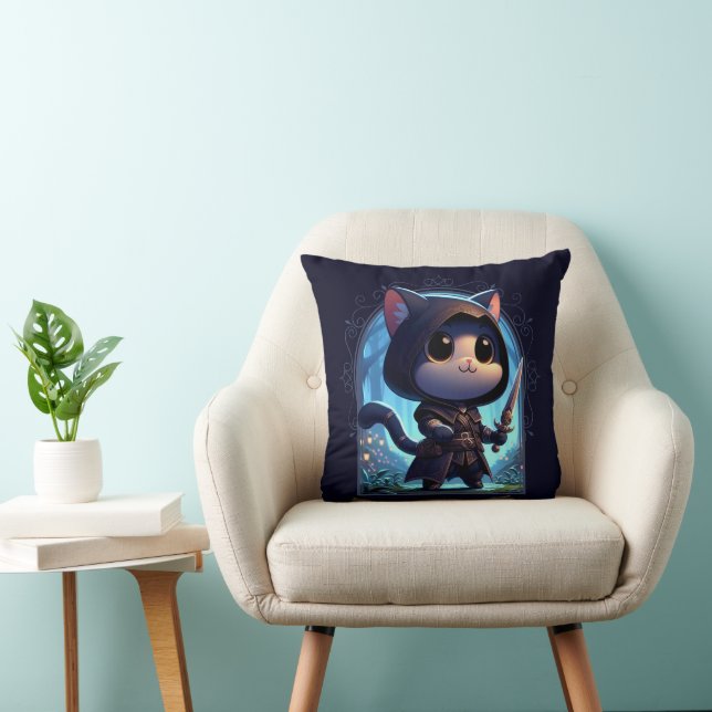 Rogue Feline Fantasy Adventure Throw Pillow (Chair)