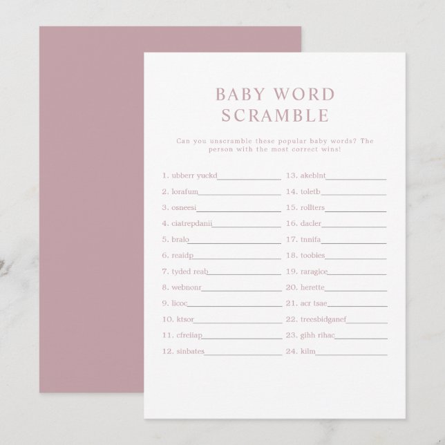 ROGUE Modern Dusty Rose Baby Word Scramble Game Invitation (Front/Back)