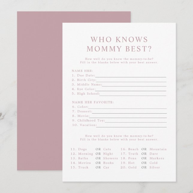 ROGUE Modern Dusty Rose Who Knows Mom Best Game Invitation (Front/Back)