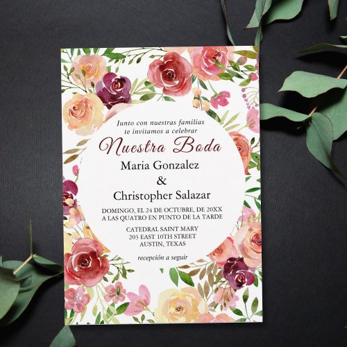 Roja Flores Boda Elegante Spanish Espanol Wedding Invitation