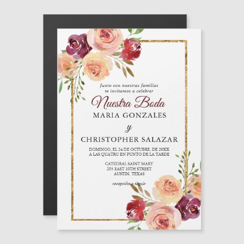 Roja Oro Flores Boda Elegante Spanish Wedding Magnetic Invitation