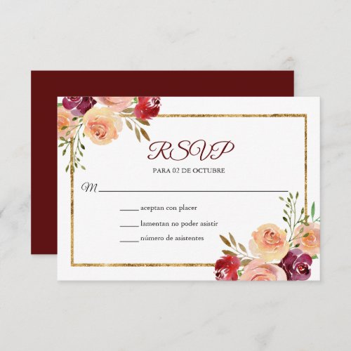 Roja Oro Flores Boda Elegante Spanish Wedding RSVP Card