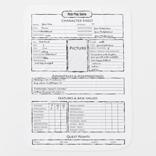 Role play game character sheet swaddle blanket (Front)