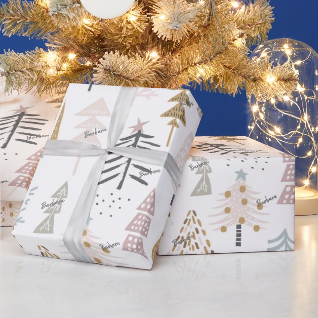 Roll, Name, Whimsical Illustrated Winter Trees  Wrapping Paper (Holidays)
