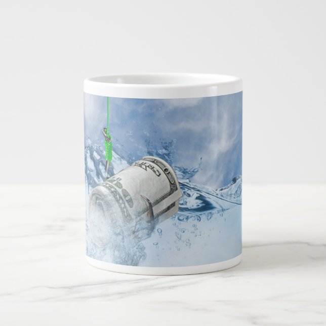 roll of money on fish hook giant coffee mug (Front)