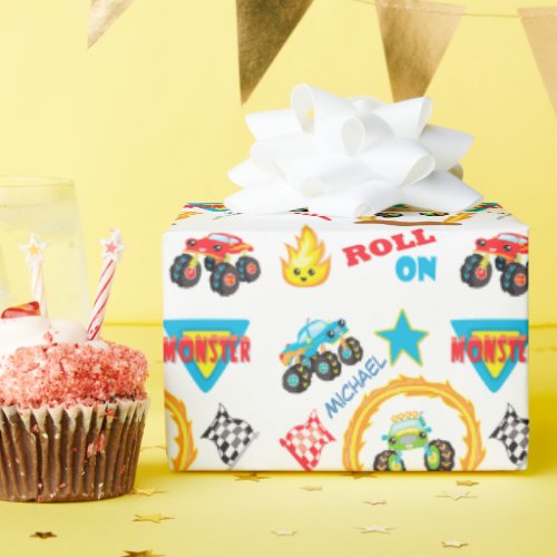 Roll On Monster Truck Personalized Birthday Wrapping Paper