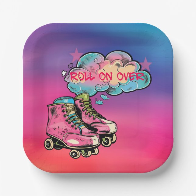 Roll on Over Roller Skate Girl Birthday Party Paper Plates (Front)