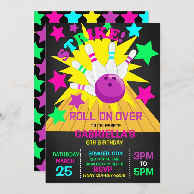 Roll On Over... STRIKE Bowling Birthday Party Invitation (Front/Back)