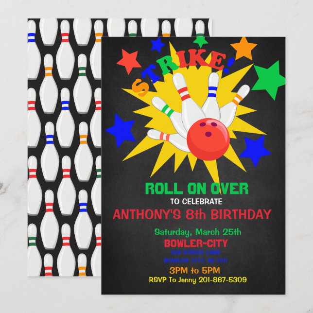 Roll On Over... STRIKE Bowling Birthday Party Invitation (Front/Back)