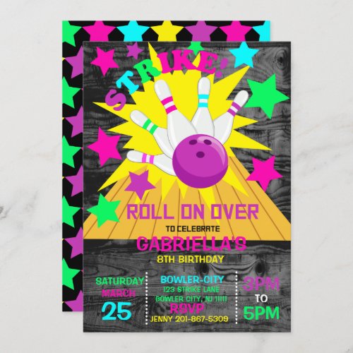 Roll On Over STRIKE Bowling Birthday Party Invitation