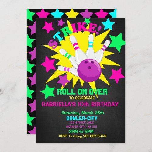 Roll On Over STRIKE Bowling Birthday Party Invitation
