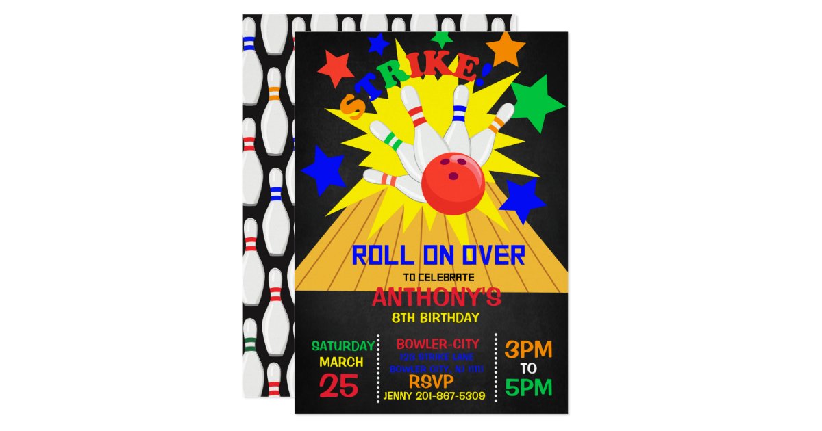 Roll On Over Strike Bowling Birthday Party Invitation Zazzle Com