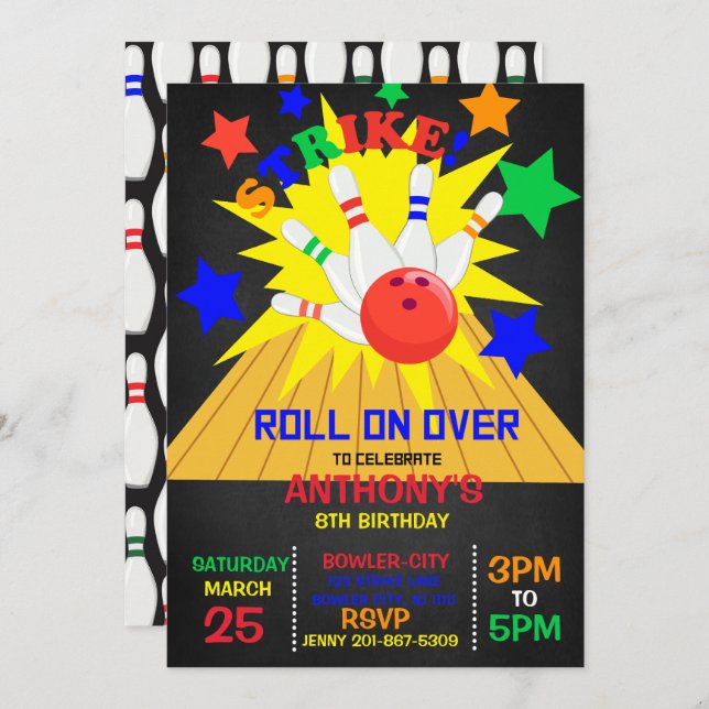 Roll On Over... STRIKE Bowling Birthday Party Invitation (Front/Back)