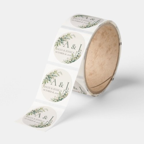 Roll:Personalized Botanical Greenery Wedding Classic Round Sticker