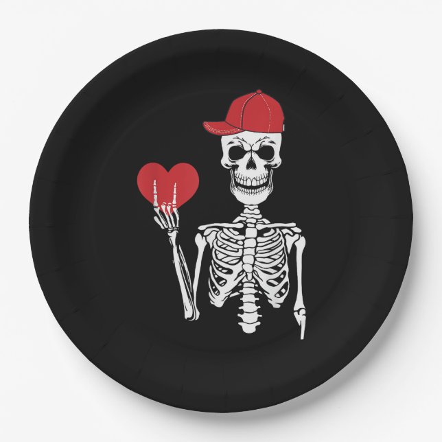 Roll Skeleton Hands Heart Valentines Day Skull Paper Plates (Front)