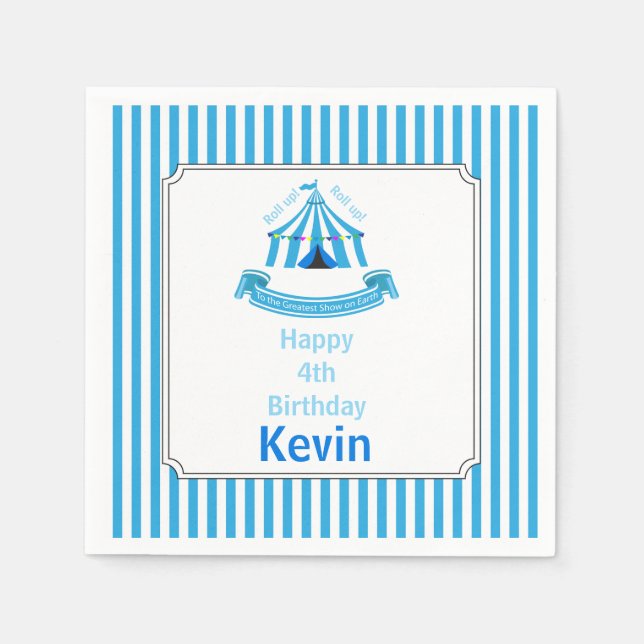 Roll up! Roll up! Circus Birthday Party Blue Napkins (Front)