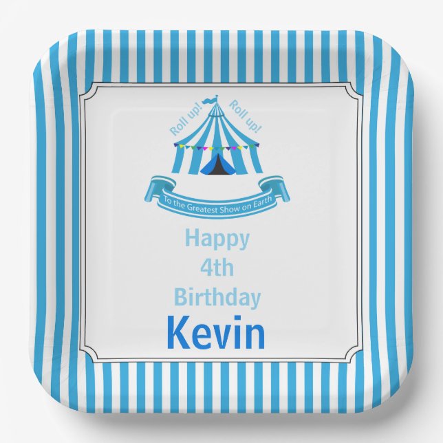 Roll up! Roll up! Circus Birthday Party Blue Paper Plates (Front)