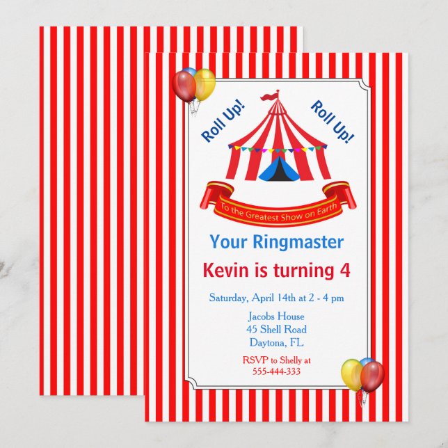 Roll up! Roll up! Circus Birthday Party in Red Invitation (Front/Back)