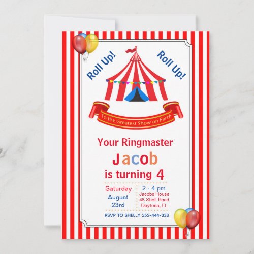 Roll up Roll up Circus Birthday Party Invitation
