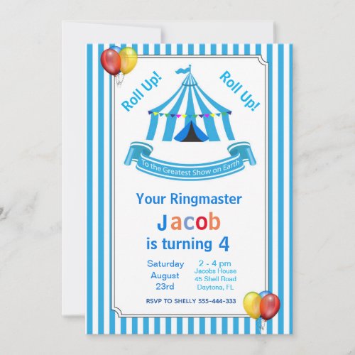 Roll up Roll up Circus Birthday Party Invitation
