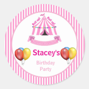 Roll up! Roll up! Circus Birthday Party Pink Classic Round Sticker
