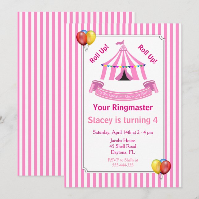 Roll up! Roll up! Circus Birthday Party Pink Invitation (Front/Back)