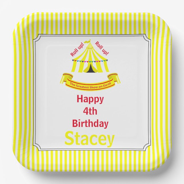 Roll up! Roll up! Circus Birthday Party Yellow Paper Plates (Front)