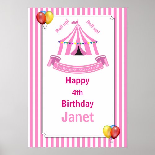 Roll up Roll up Circus Birthday Poster in Pink
