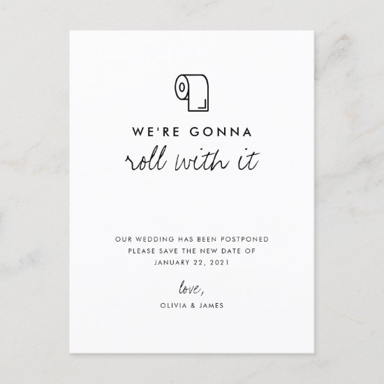 Roll With It Change the Date Wedding Postponement Announcement Postcard