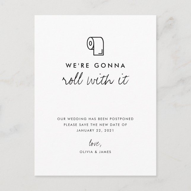 Roll With It Change the Date Wedding Postponement Announcement Postcard (Front)