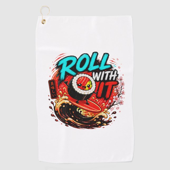 Roll With It – Funny Surfing Sushi Design Golf Towel (Front)