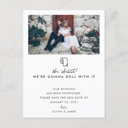 Roll With It Photo New Date Wedding Postponement Announcement Postcard