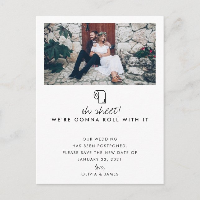 Roll With It Photo New Date Wedding Postponement Announcement Postcard (Front)