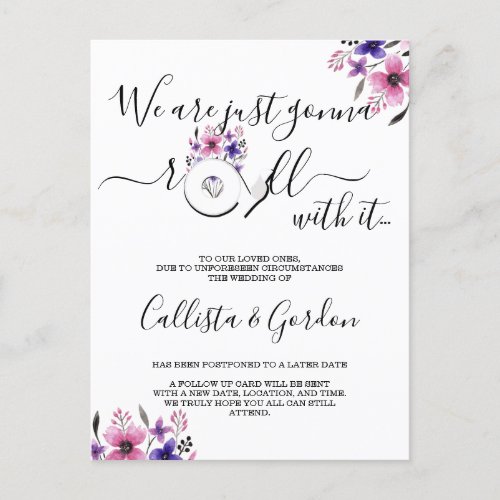 Roll With It Pink Purple Floral Change the Date Announcement Postcard