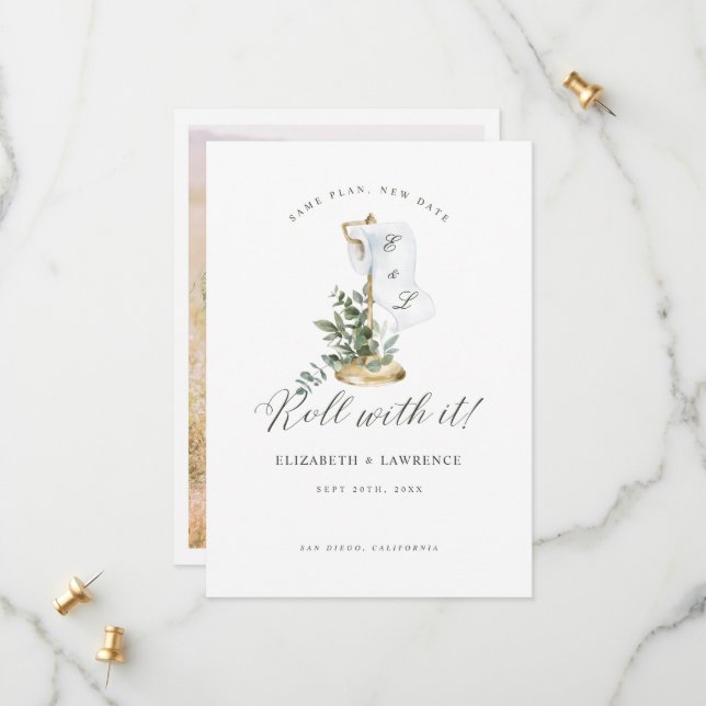 Roll With It Sage Greenery & Toilet Paper Photo Save The Date (Front/Back In Situ)
