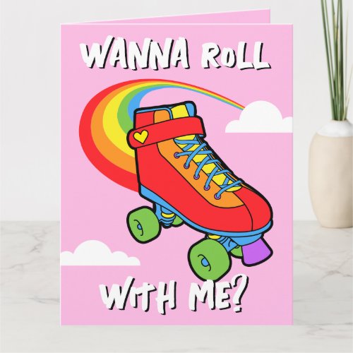 Roll With Me Gay Rainbow Roller Skate Valentines Card