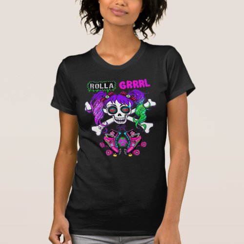 Rolla Grrrl Punk Rock Skater Girl Skull T_shirt