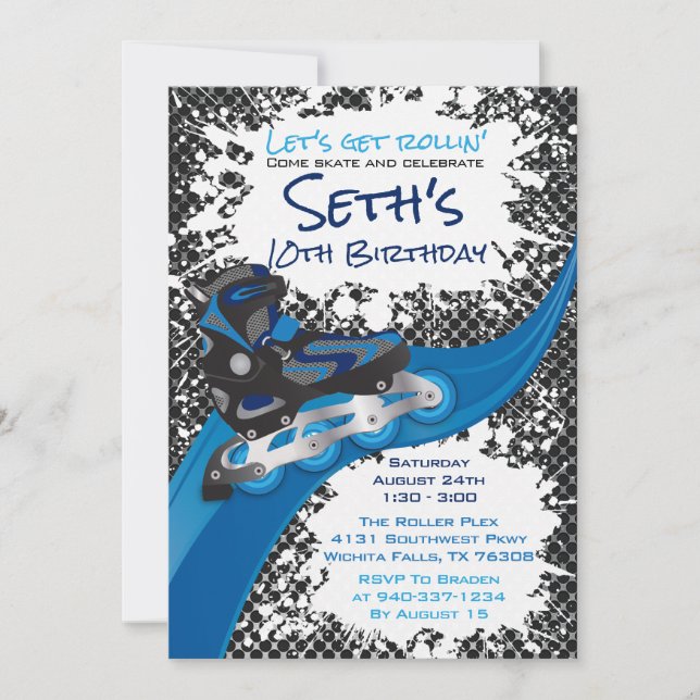 Roller Blade Grunge Blue Birthday Party Invitation (Front)