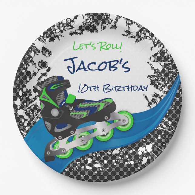 Roller Blade Grunge Green Birthday Party Paper Plates (Front)